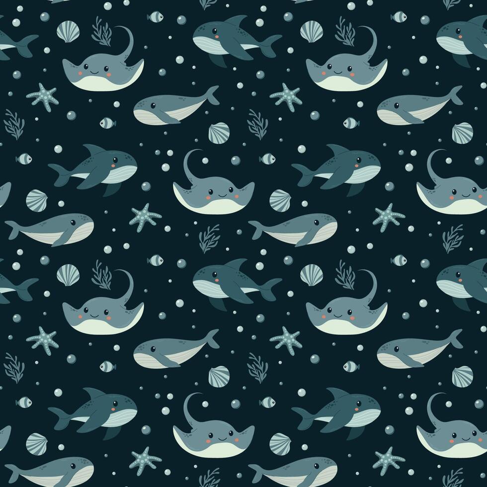 Cute children background with stingray, whale ,shark, fish and corals . Under the sea seamless pattern, water animal character, ocean fauna. Flat design. Underwater. textile. fabric vector