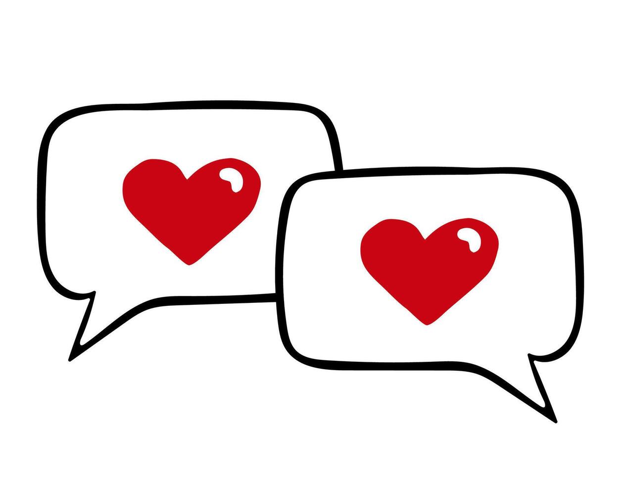 Two speech bubbles with heart emoji sign. Minimalistic doodle illustration concept for digital love, connection, or online communication vector