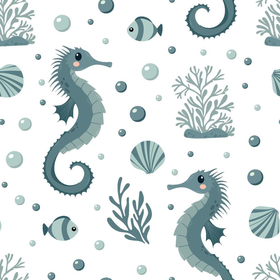 Sea seamless pattern with seahorse, fish, seaweed, seashell flat style. Ocean digital paper. Nautical underwater scrapbooking, background, print. Hand drawn vector