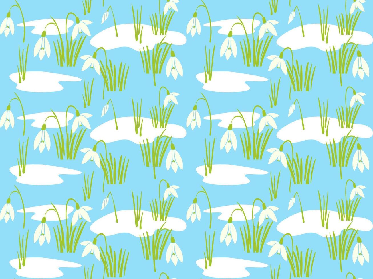 Snowdrops seamless pattern with blooming flower amidst melting snow patches on a light blue background. Ideal for seasonal spring designs, wallpapers, and fabrics. vector