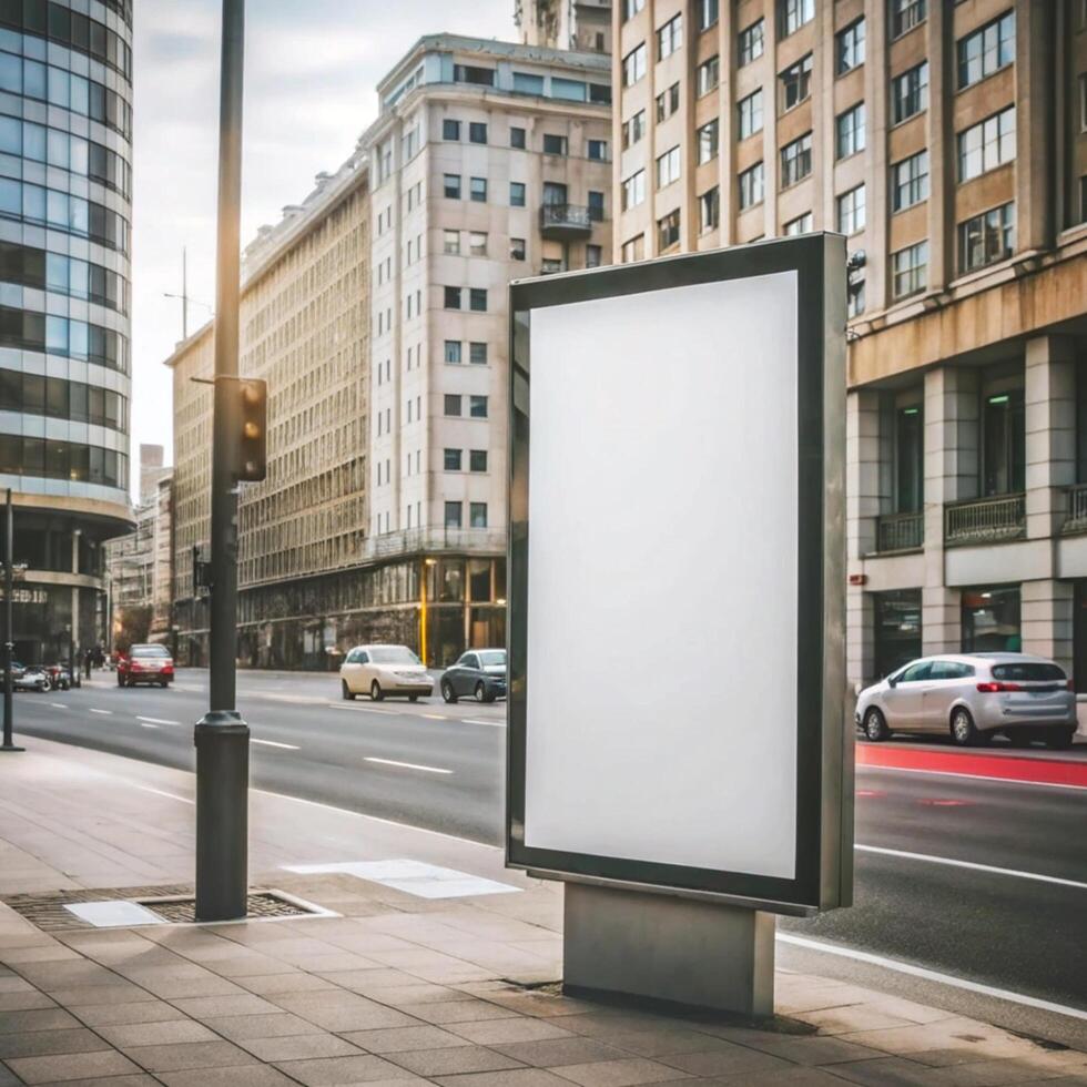 Blank Advertisement Billboard on City Street Corner Near Traffic Light and Modern Buildings photo