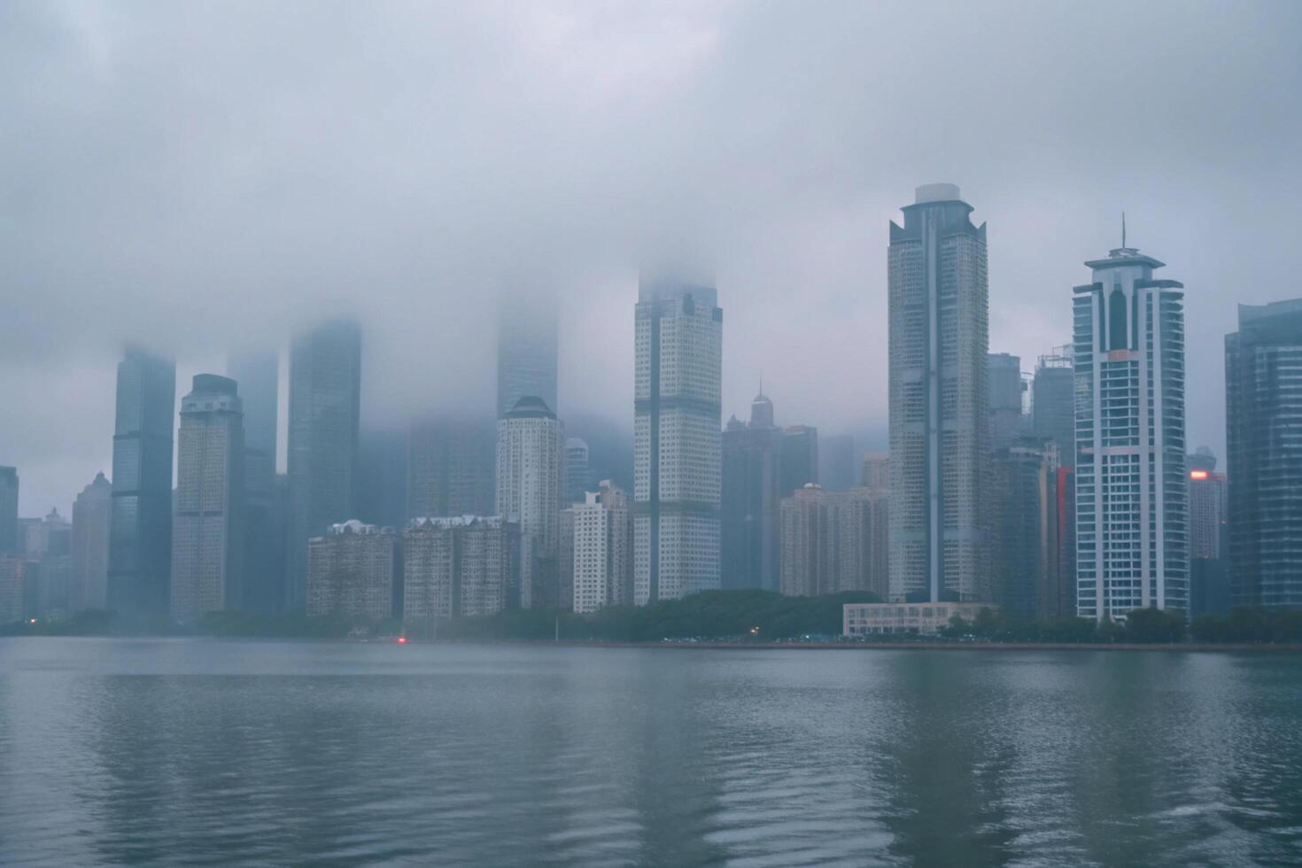 Misty City Skyline at Dawn A Breathtaking View of Modern Architecture photo