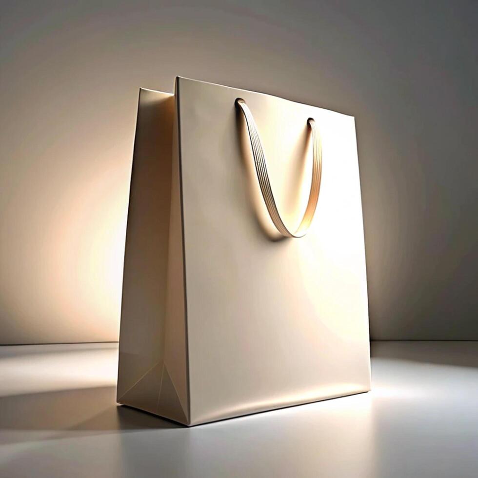 Elegant Off White Shopping Bag with Golden Handles on a White Surface photo