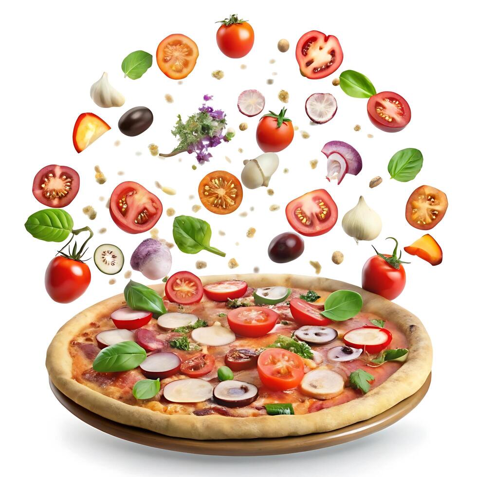 Delicious Homemade Pizza with Fresh Vegetables Toppings Flying Around photo