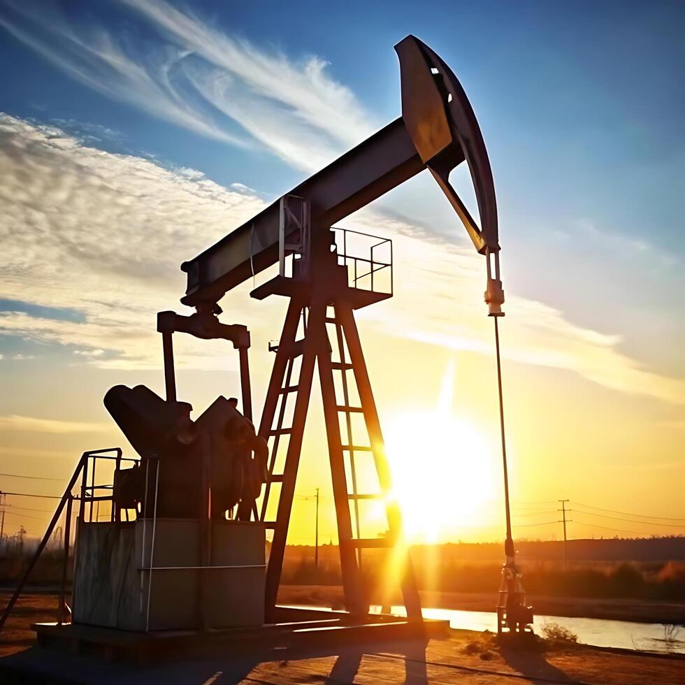 Silhouette of an oil pump jack at sunset with beautiful sky and clouds photo