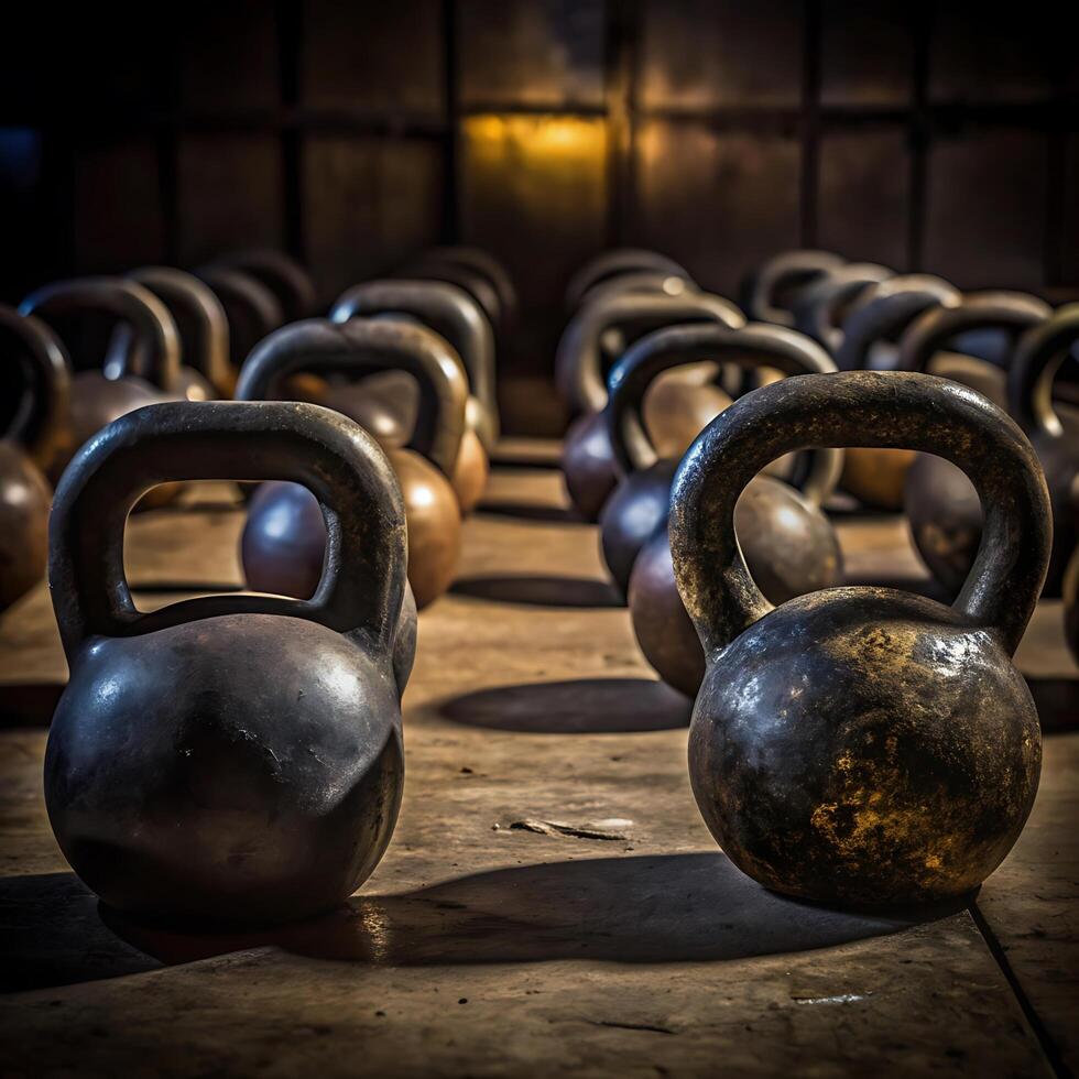 Vintage Kettlebells in a Dark Gym Setting Rustic Strength Training Equipment photo