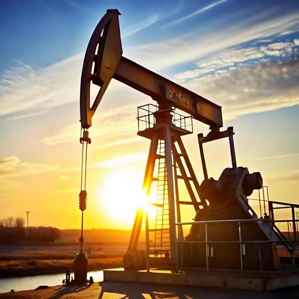 Oil Pump Jack Silhouette at Sunset Golden Hour Energy Extraction Industry photo