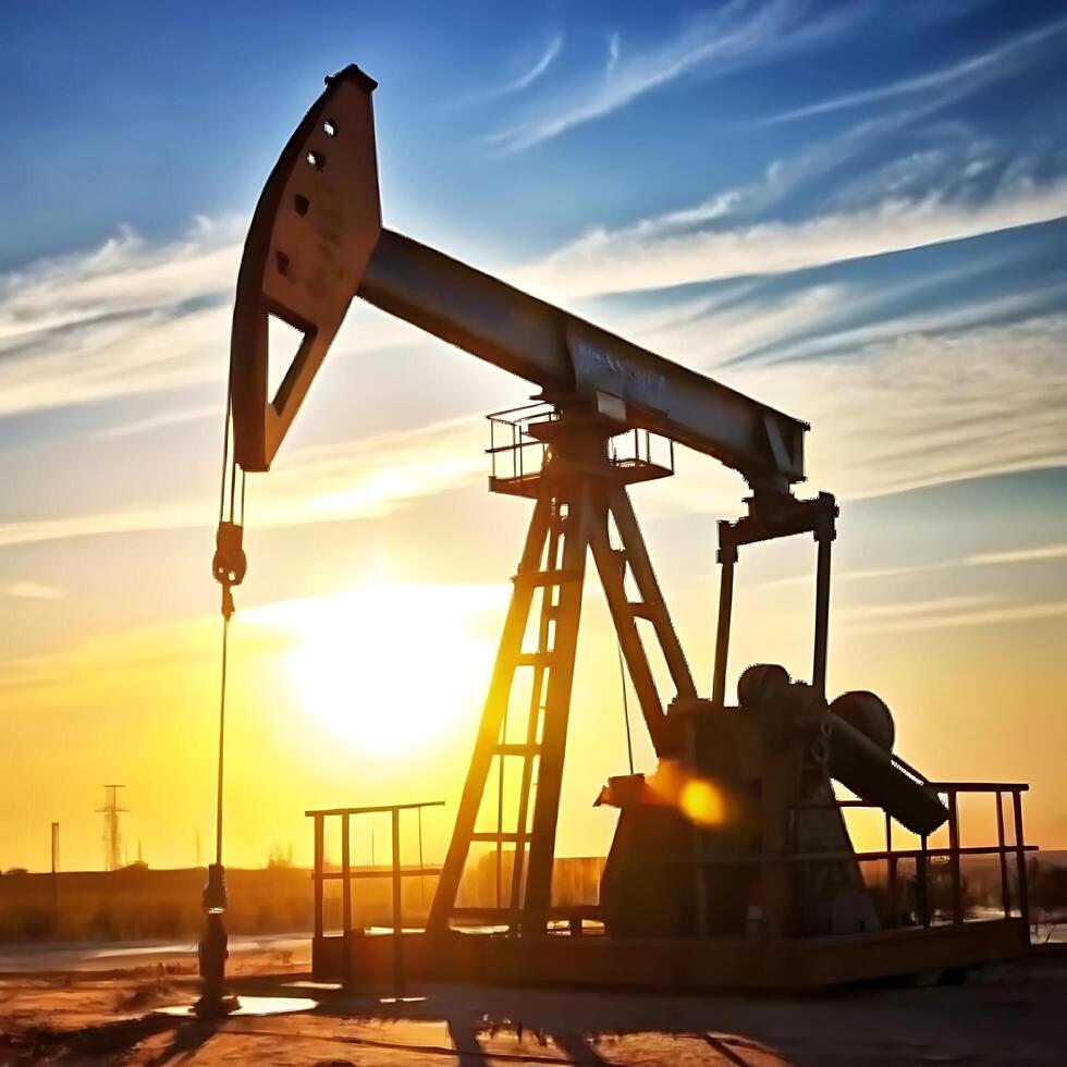 Silhouette of an oil pump jack at sunset with a beautiful sky photo
