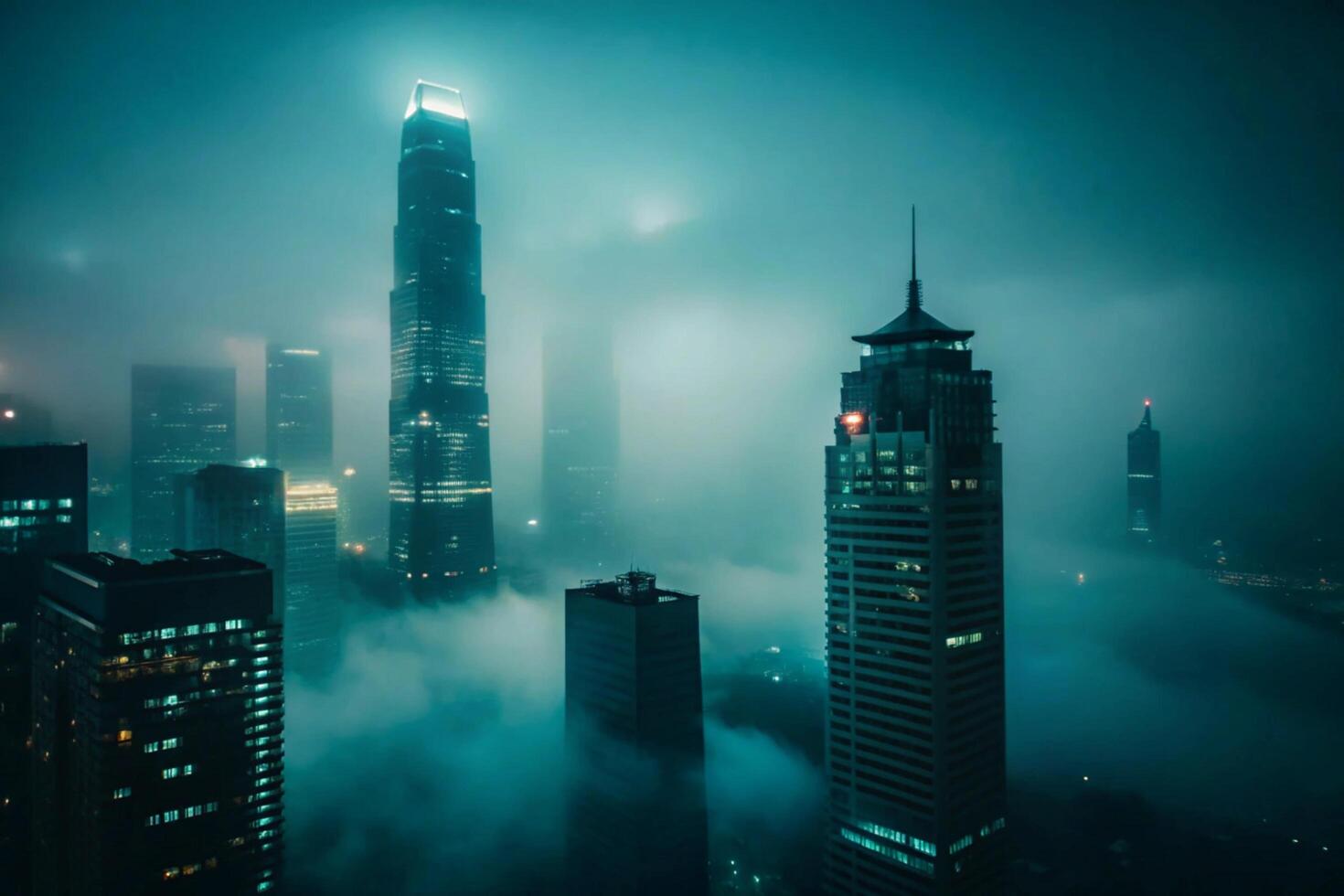 A City Skyline Enveloped in Fog at Night, Skyscrapers Illuminated in Teal photo