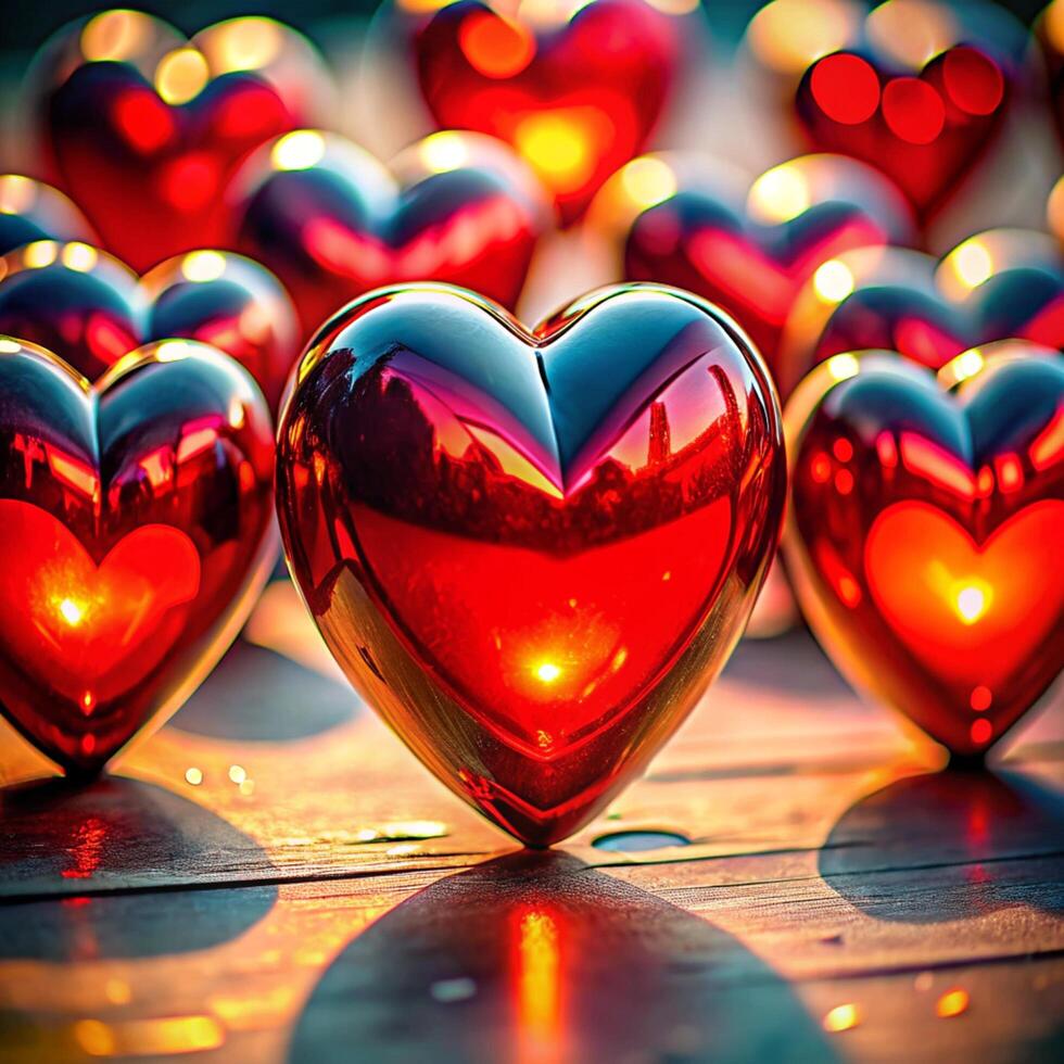 Many Shiny Red Hearts Reflecting Sunset Glow on Wooden Surface Romantic Valentines Day photo