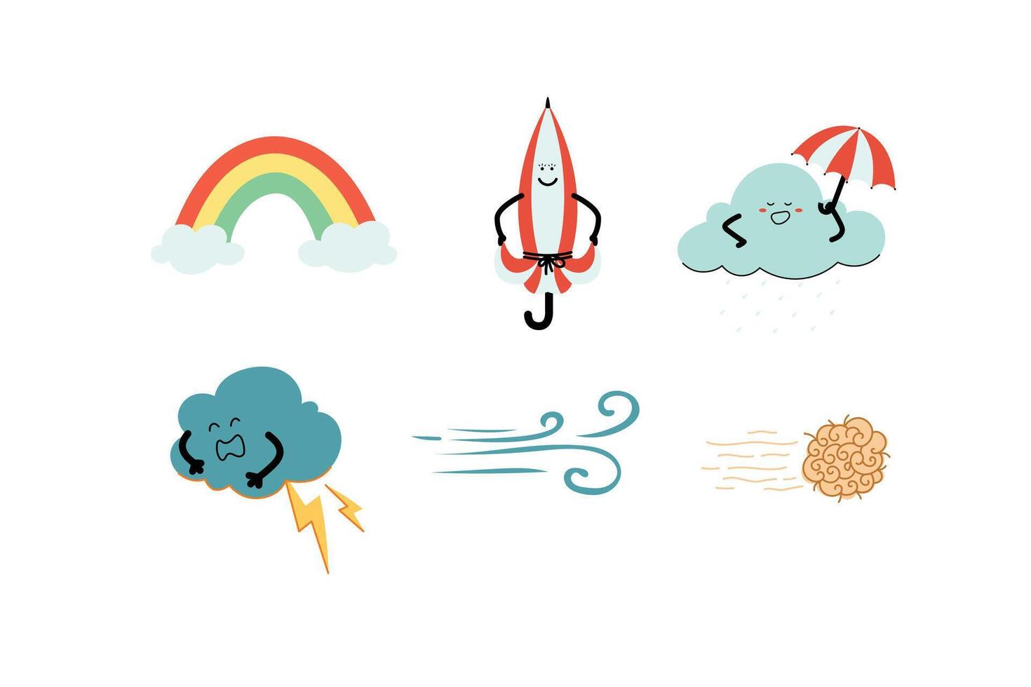 Cute weather characters set illustration. Kawaii Cartoon Style vector