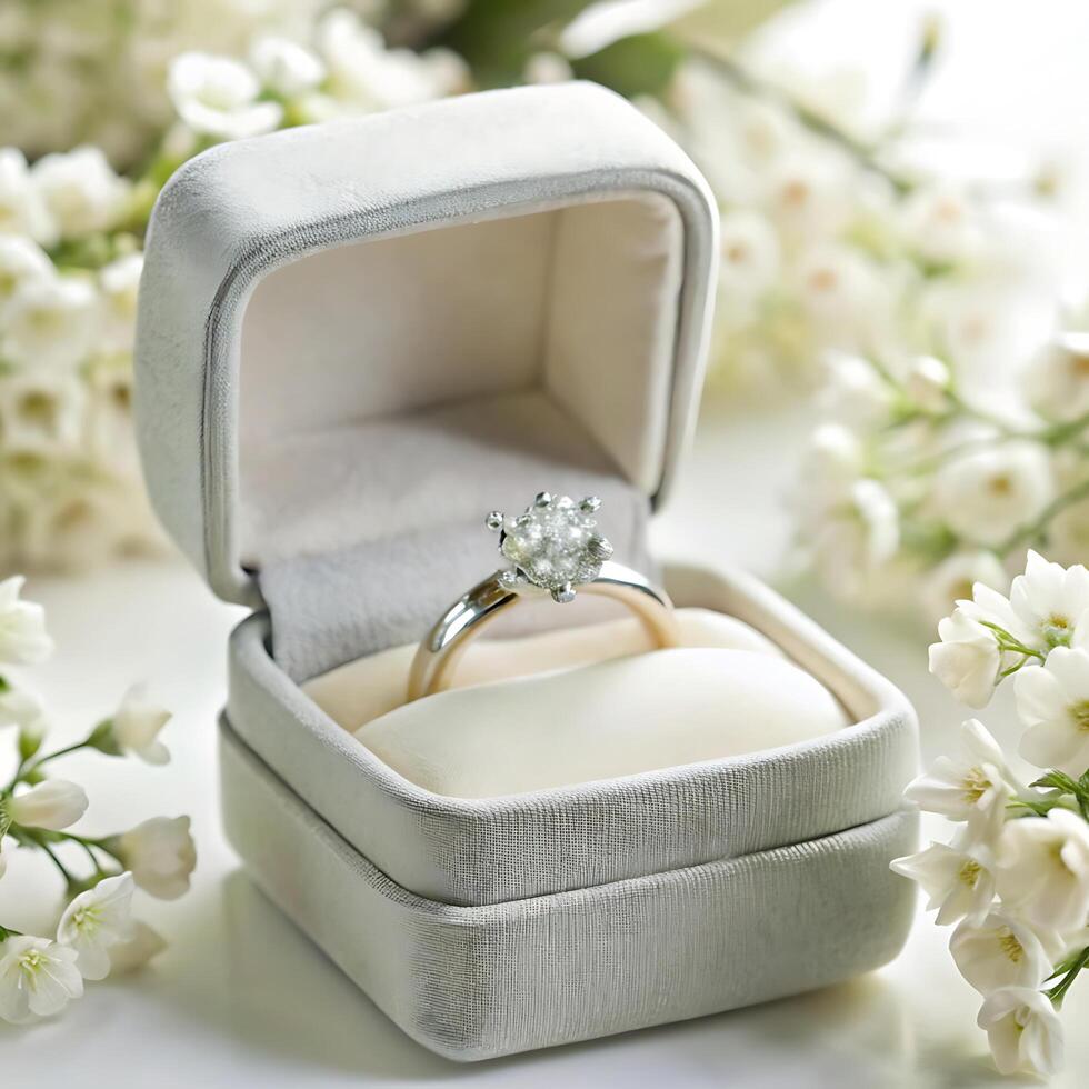 Elegant Diamond Engagement Ring in a Gray Velvet Box Surrounded by Delicate White Flowers photo