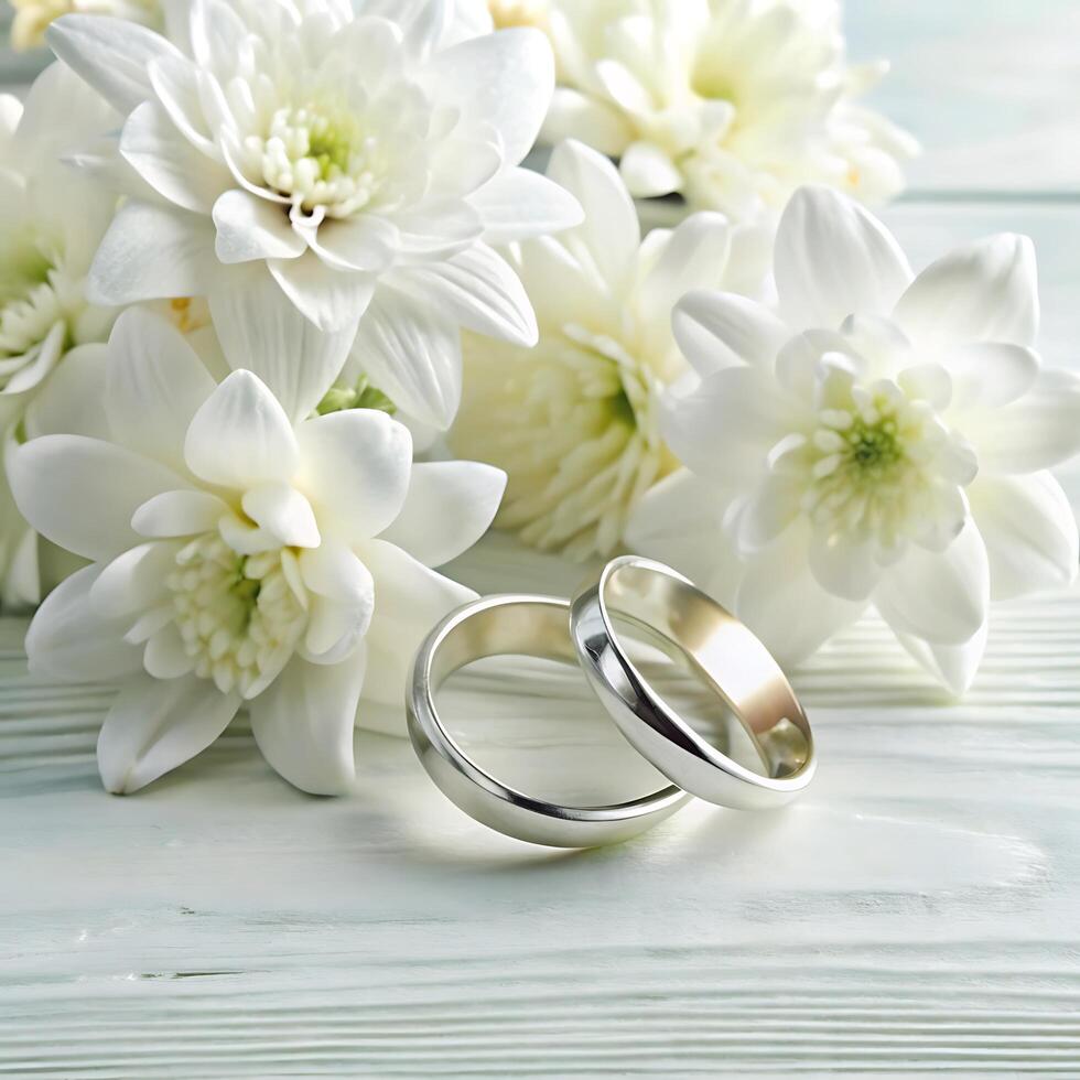 Wedding rings nestled amongst delicate white flowers on a rustic wooden surface photo