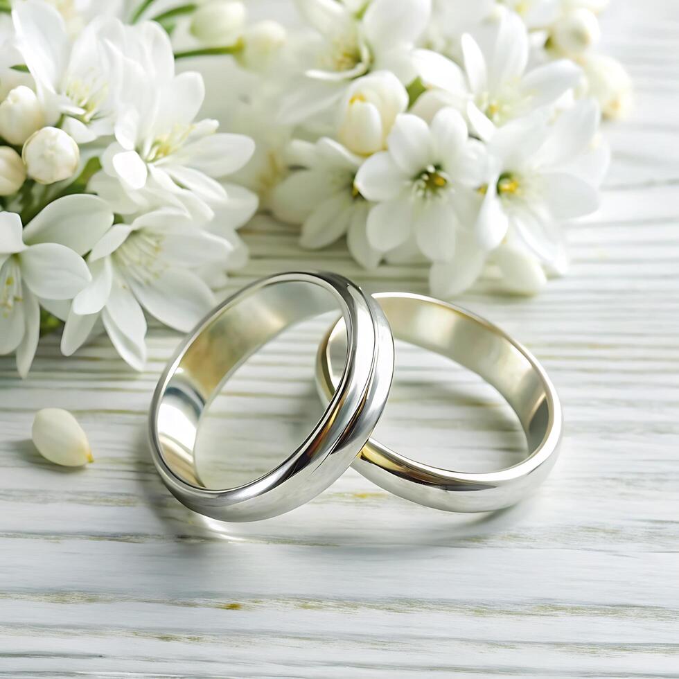Two wedding rings nestled amongst white flowers on a wooden surface photo