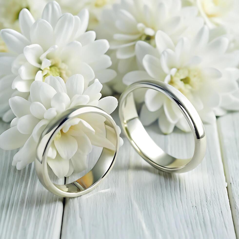 Two Elegant Wedding Rings Resting on White Wooden Surface Among White Flowers photo