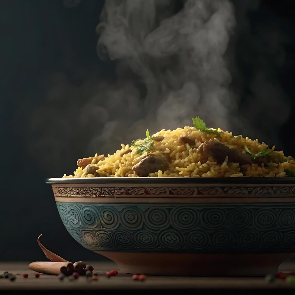 Aromatic Steaming Bowl of Delicious Mutton Biryani Rice Dish photo