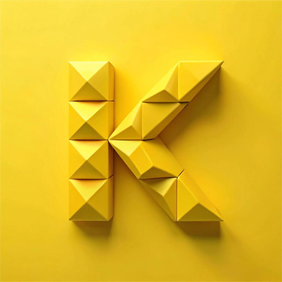 A vibrant yellow three dimensional letter K constructed from geometric shapes photo