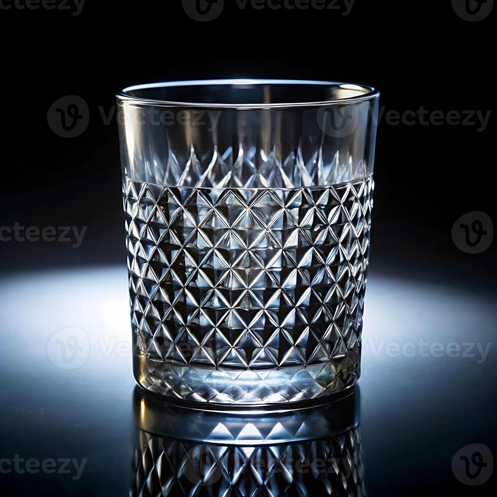 A Stunning Crystal Whiskey Glass with a Diamond Pattern Design, Elegantly Presented on a Dark Reflective Surface photo