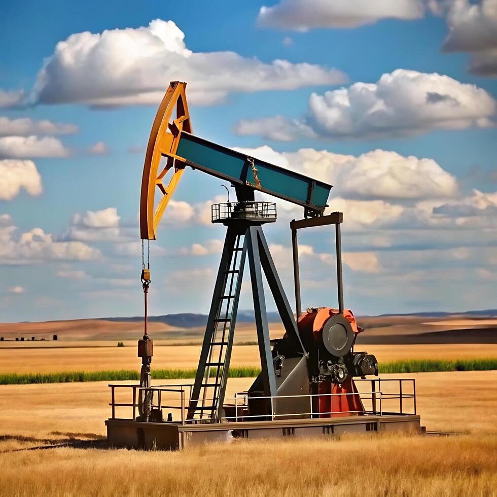 A single oil pump jack in a vast golden wheat field under a bright blue sky with puffy white clouds photo