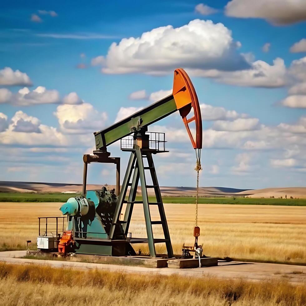 A lone oil pump jack in a vast golden field under a bright blue sky with fluffy white clouds a picturesque scene photo