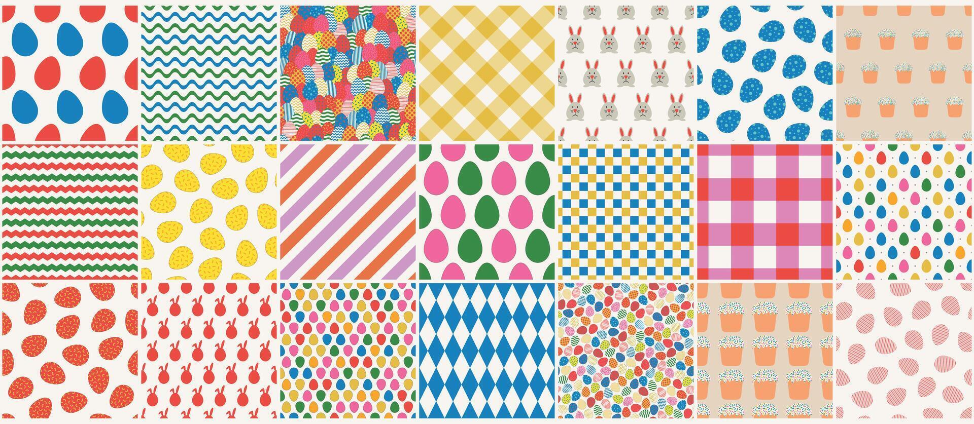 Collection of bright colorful Easter seamless patterns. Holiday repeatable cute artistic backgrounds. Vibrant endless creative textile prints. illustration vector