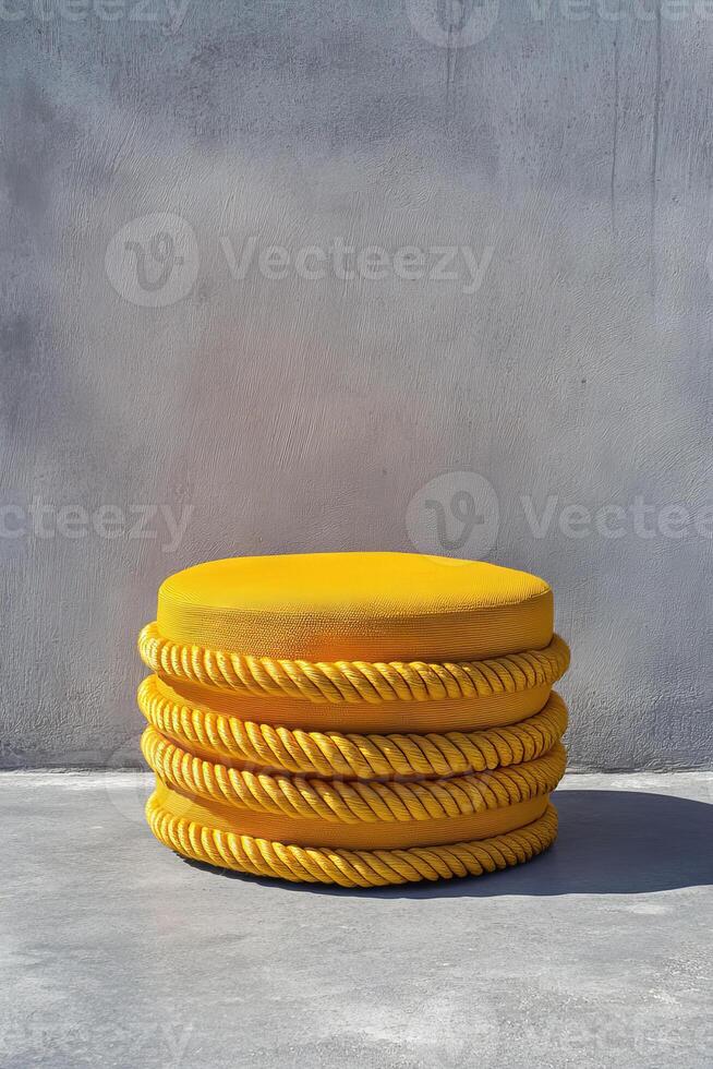 Bright yellow outdoor round pouf with woven rope design, perfect for adding pop of color to any space. Ideal for gardens, patios, or modern decor photo
