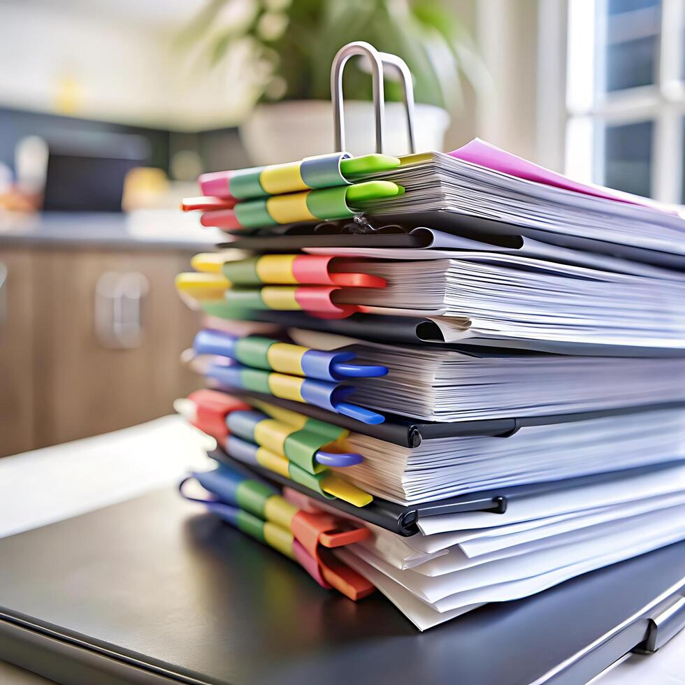 A Large Stack of Documents Secured with Colorful Binder Clips on a Laptop photo