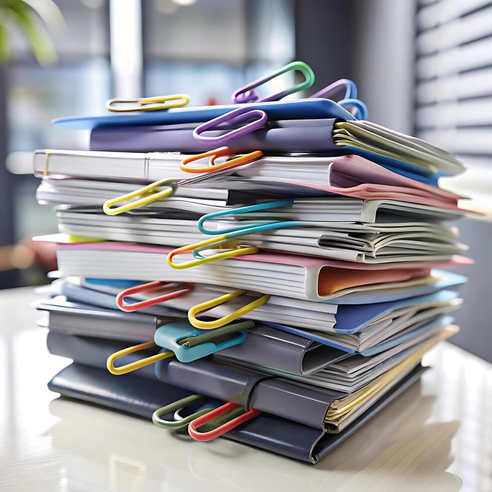 A Large Stack of Files and Documents Secured with Colorful Binder Clips on a Desk photo