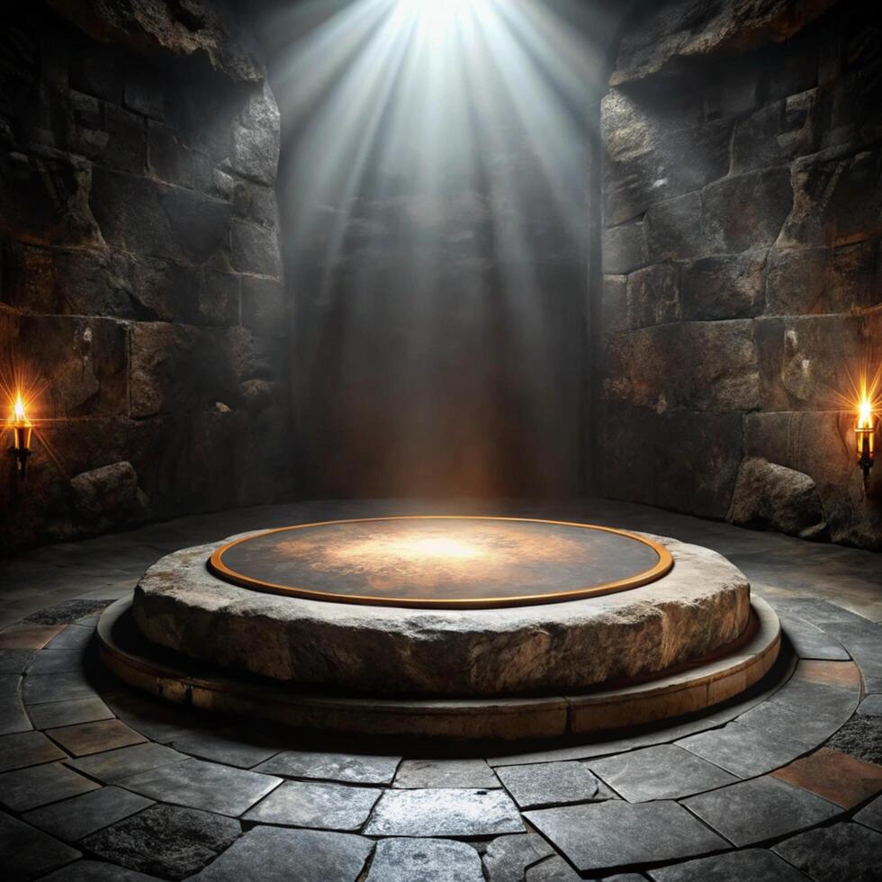 Ancient Stone Chamber with Illuminated Circular Pedestal and Candlelight photo
