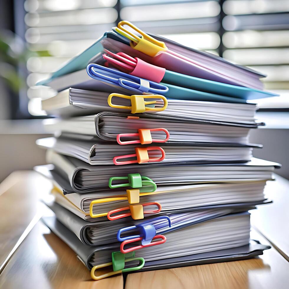 A Large Stack of Office Files Secured with Colorful Binder Clips photo