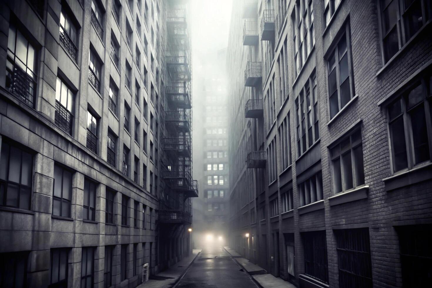 A misty alleyway between tall grey urban buildings on a foggy day photo