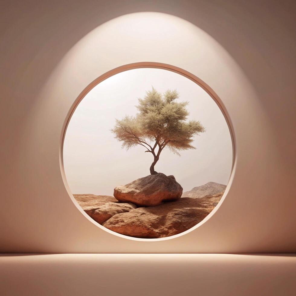 Serene Desert Oasis A Minimalist View of a Lone Tree Perched on a Rock in a Circular Window photo
