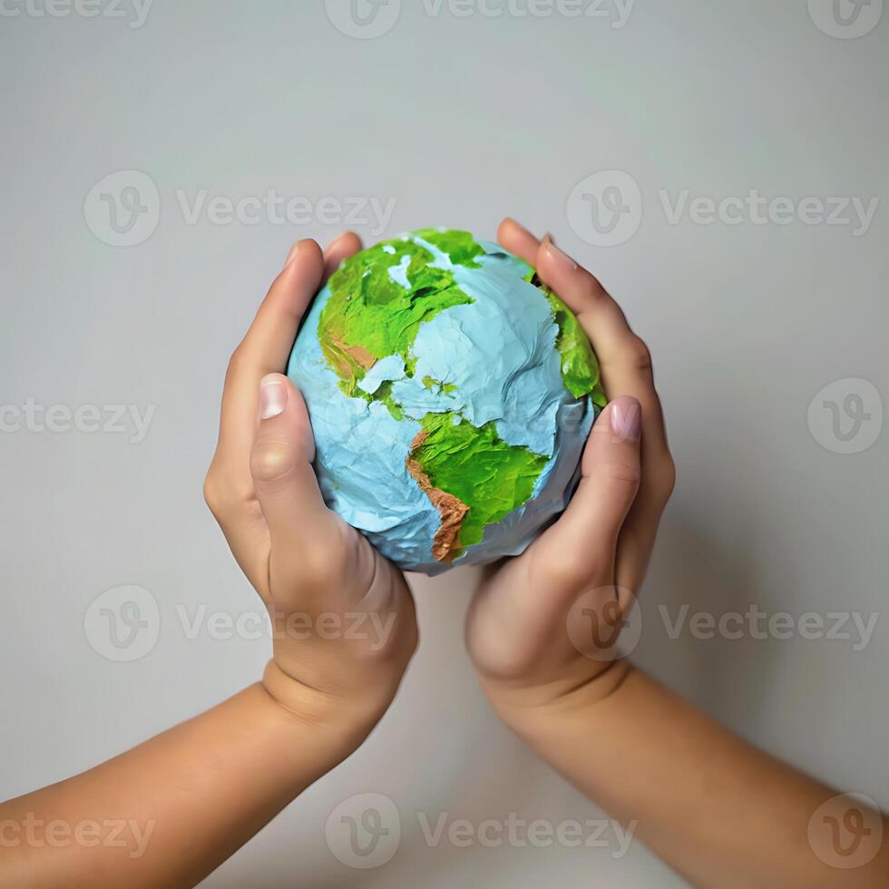 Hands holding a small earth globe photo