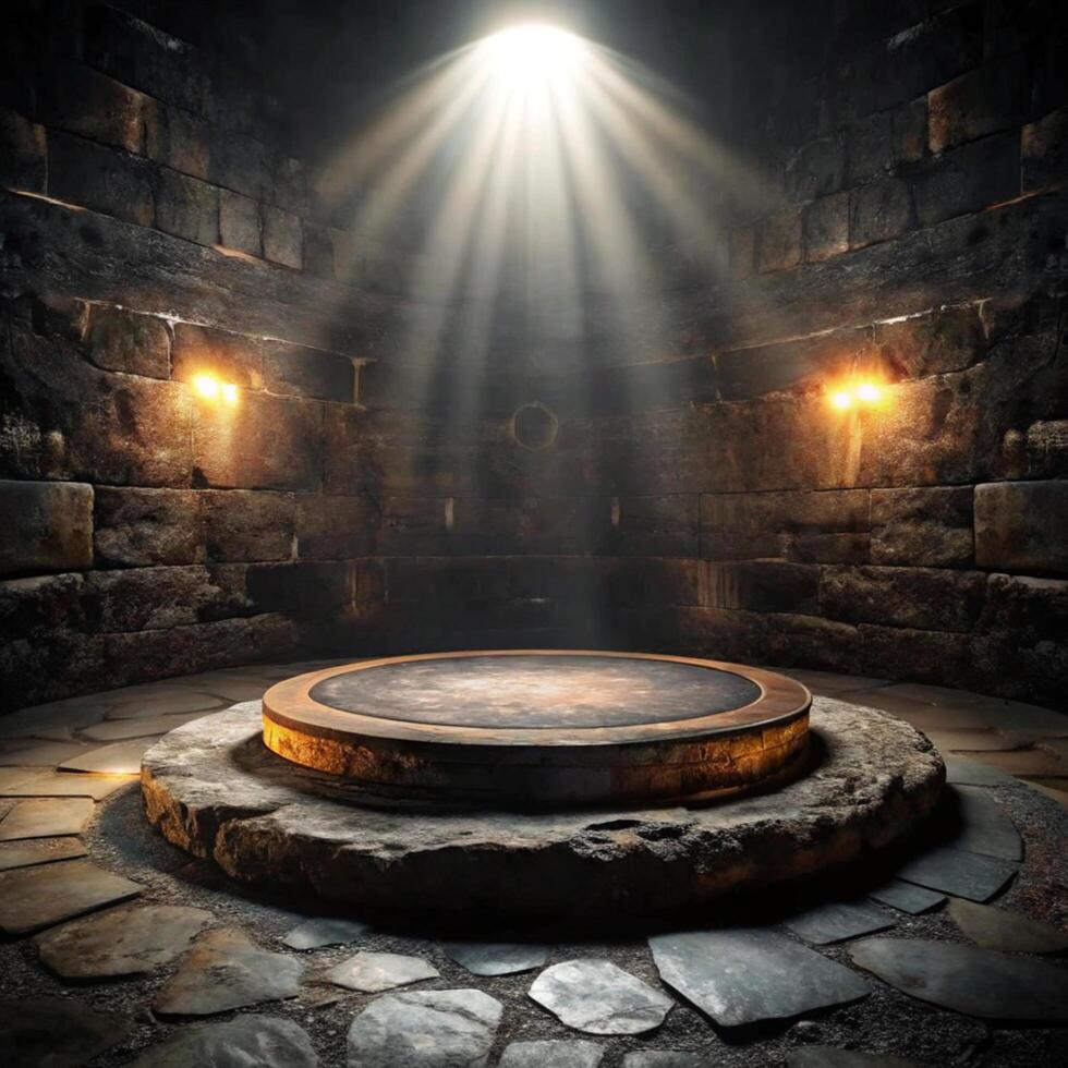 Mysterious Stone Chamber with a Circular Platform Illuminated by a Single Light Source photo