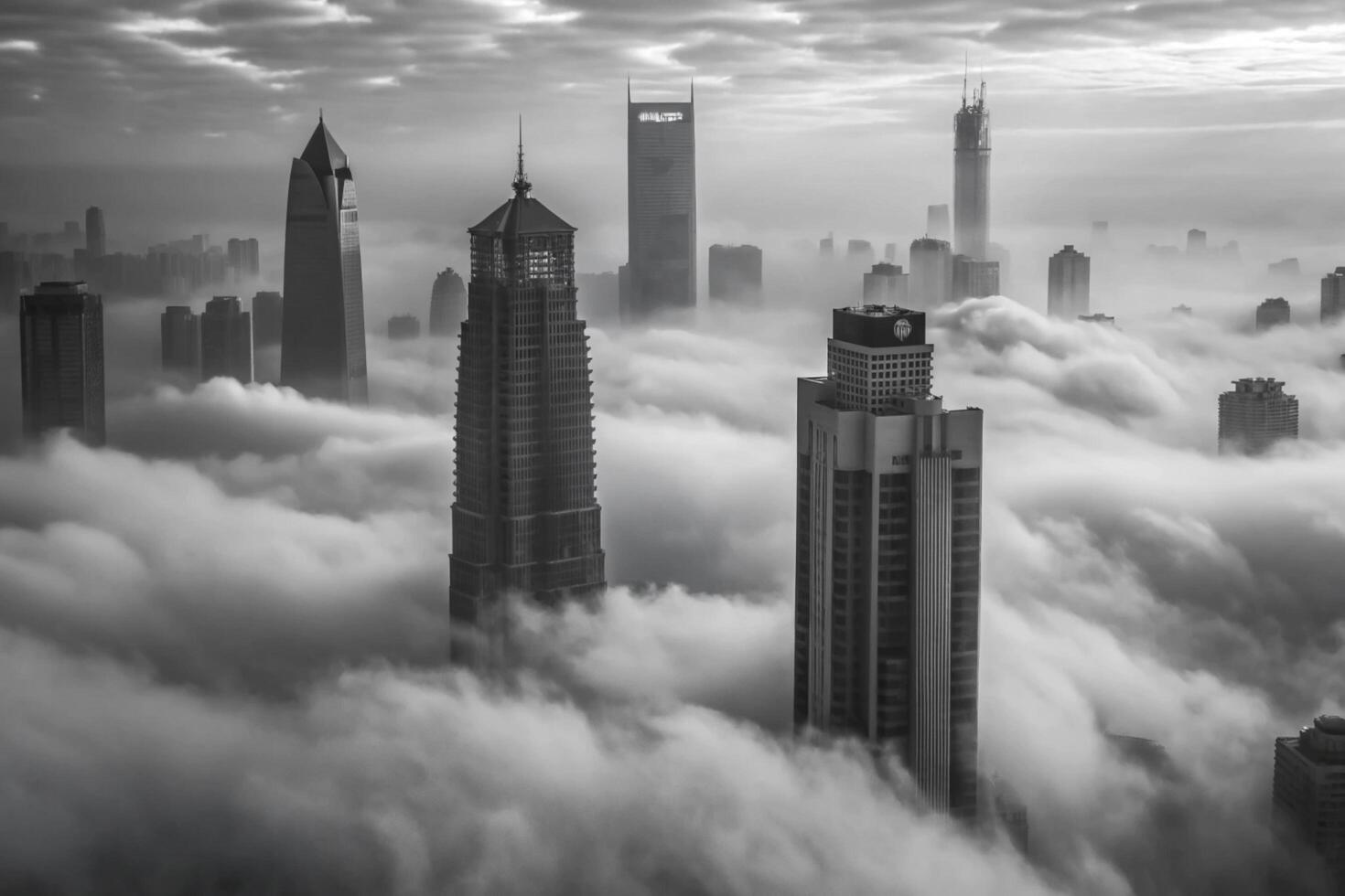 Stunning black and white cityscape photograph of skyscrapers emerging from a thick fog photo