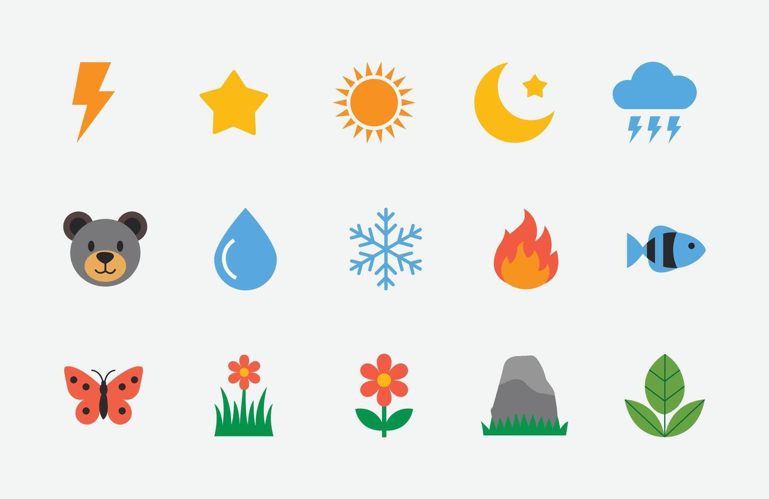 Flat Nature and Weather Icons Set. Colorful Weather and Wildlife Icons. Minimal Nature Elements. Weather and Environment Icon. vector