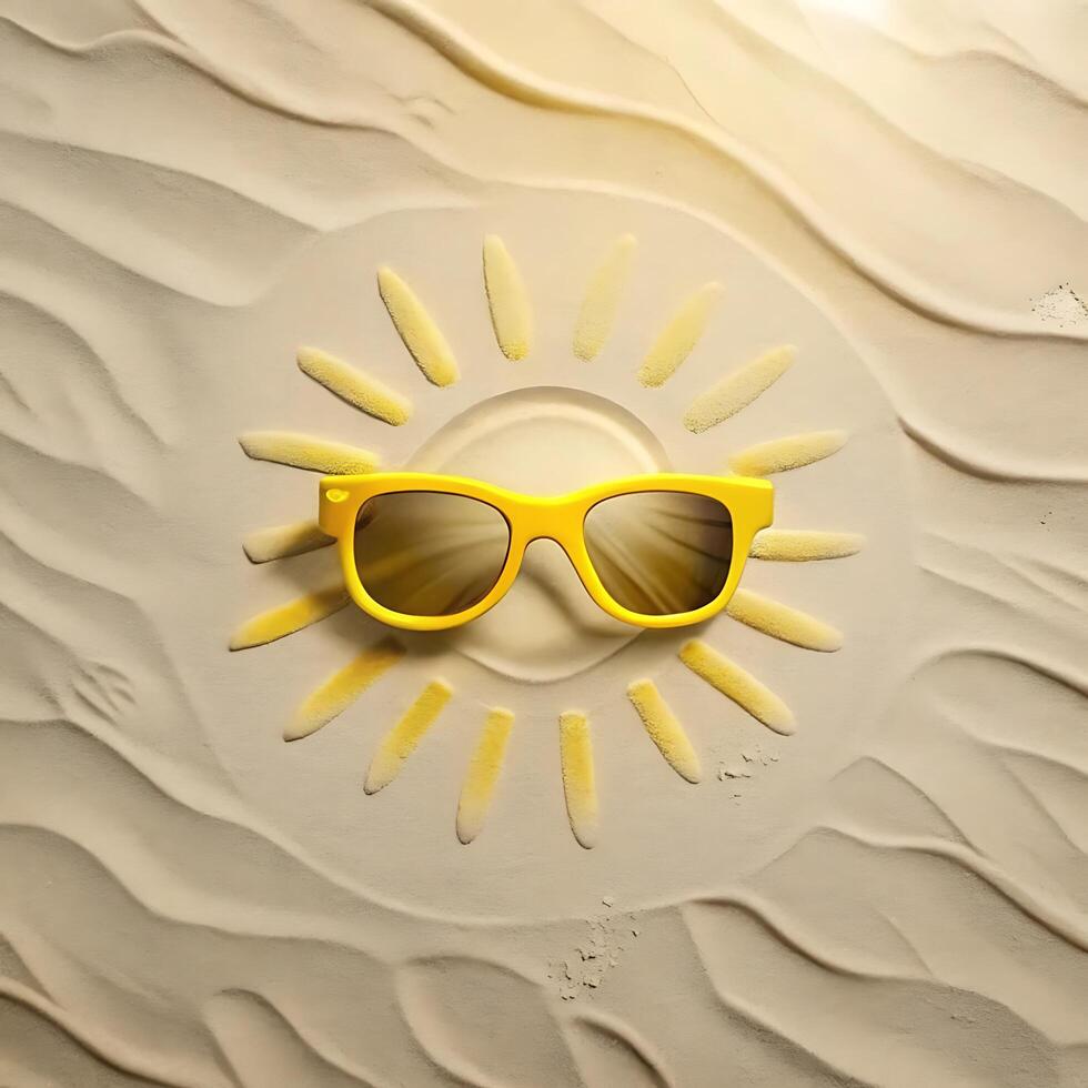 Yellow Sunglasses Resting on Sandy Beach with Sun Design photo