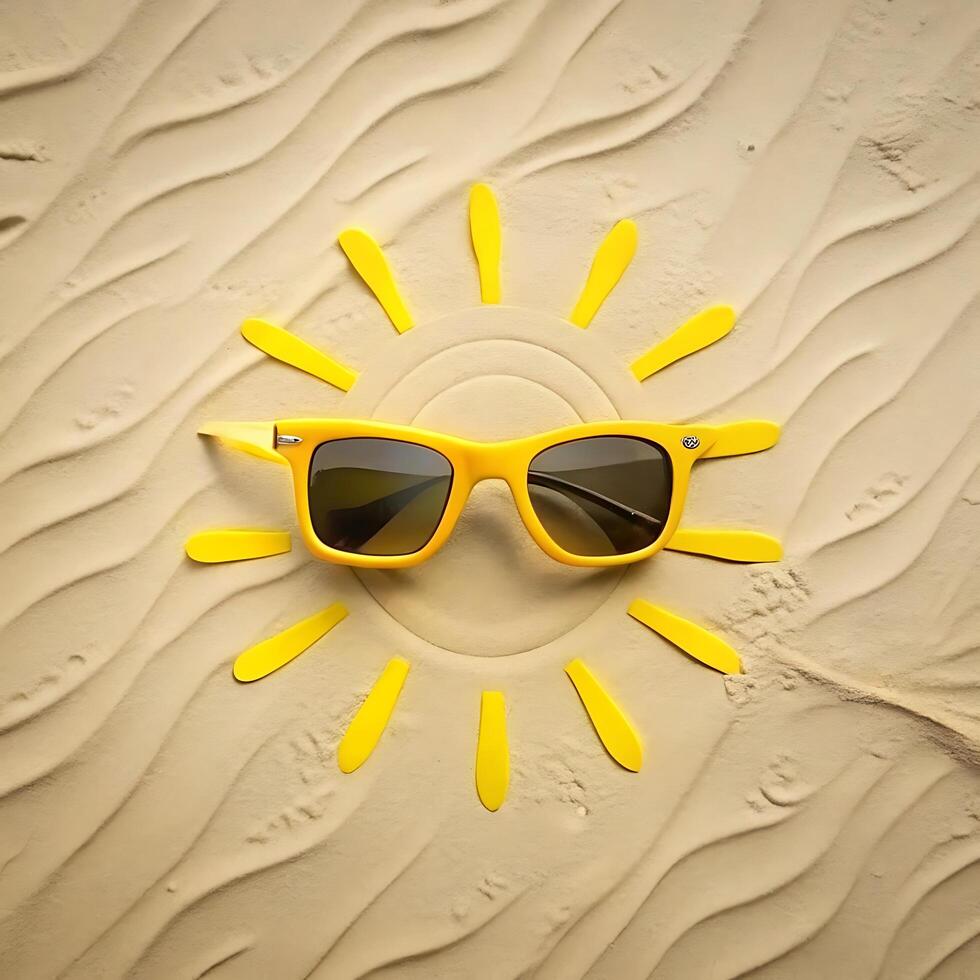 Yellow Sunglasses on Sandy Beach with Sun Design Summer Vacation Relaxation photo