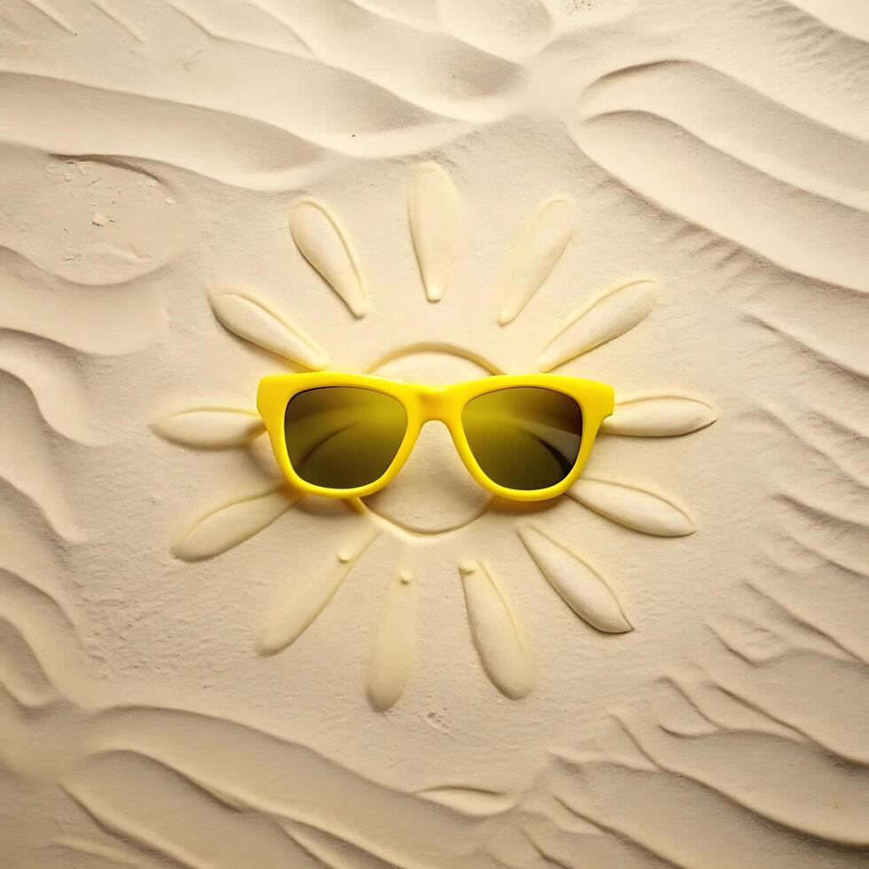 Bright Yellow Sunglasses Resting on a Sandy Beach Sun Design photo