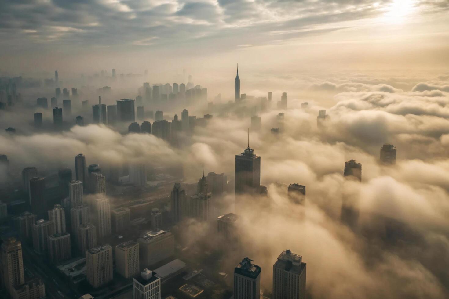 A City Skyline Enveloped in Morning Fog A Stunning Aerial View photo