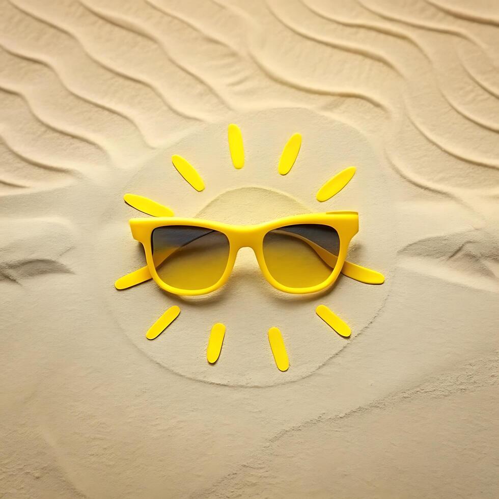 Yellow Sunglasses Resting on Sandy Beach Forming a Sun photo