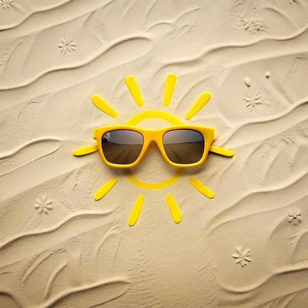 Yellow Sunglasses Resting on a Sunny Beach Scene Drawn in the Sand photo