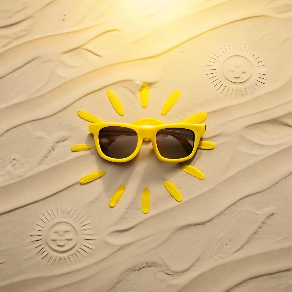 Yellow Sunglasses on Sandy Beach Forming a Summer Sun Design photo