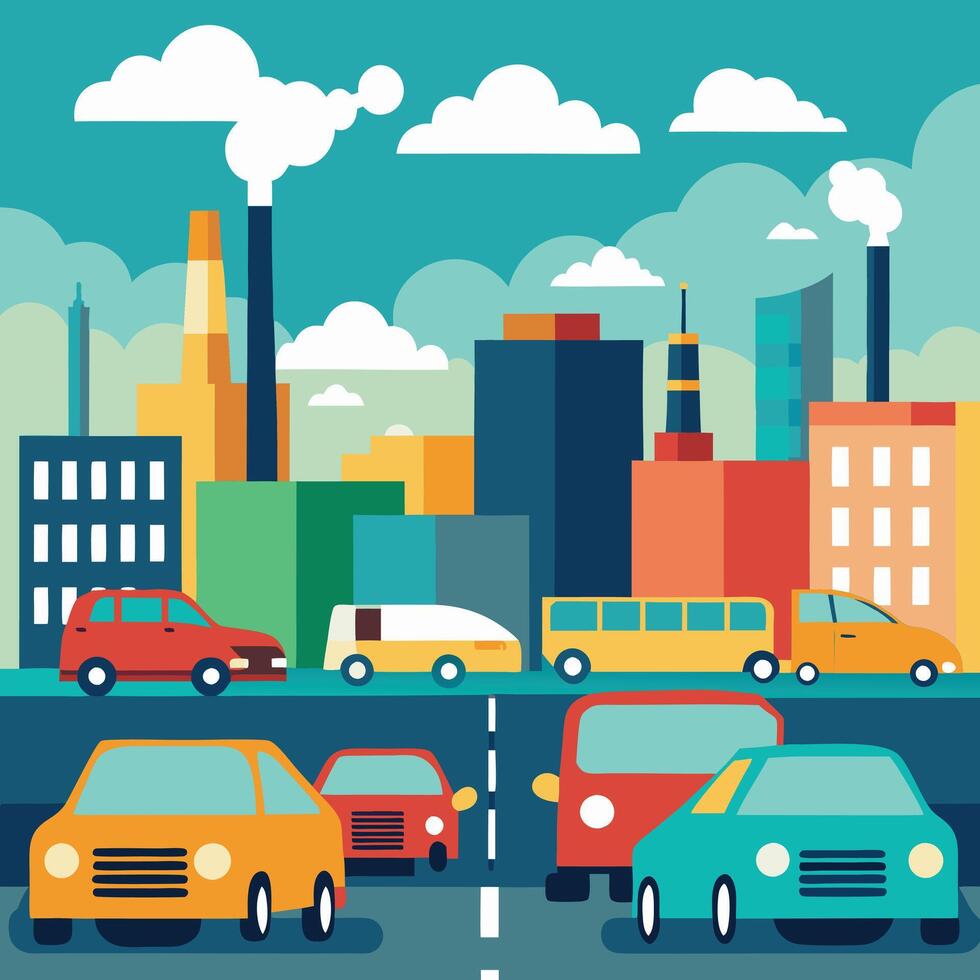 Creative cars driving on the road with factories and factories in the background vector