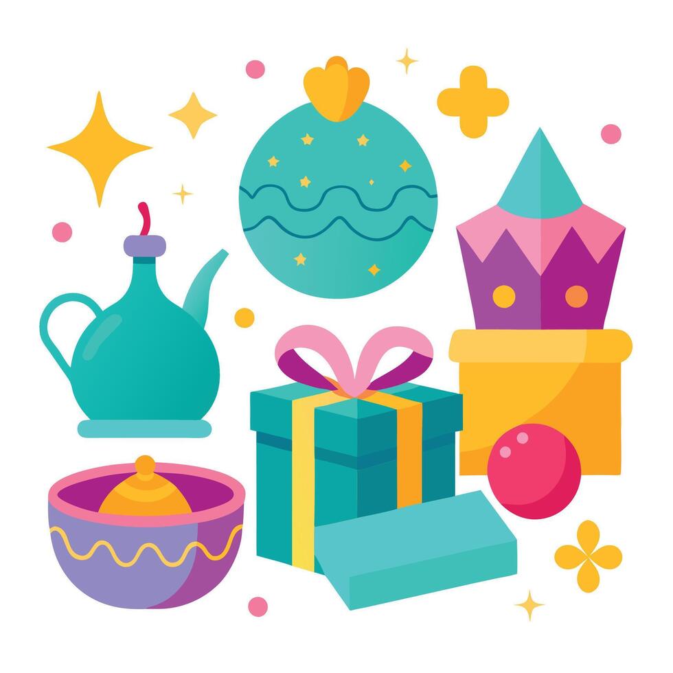 A set of colorful objects including a cake, cup, and a gift design on a white background vector
