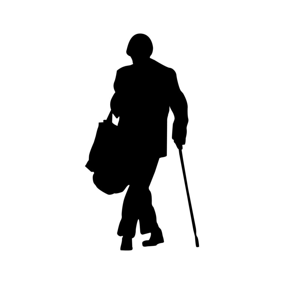 silhouette of an elderly woman with a bag and a cane. vector