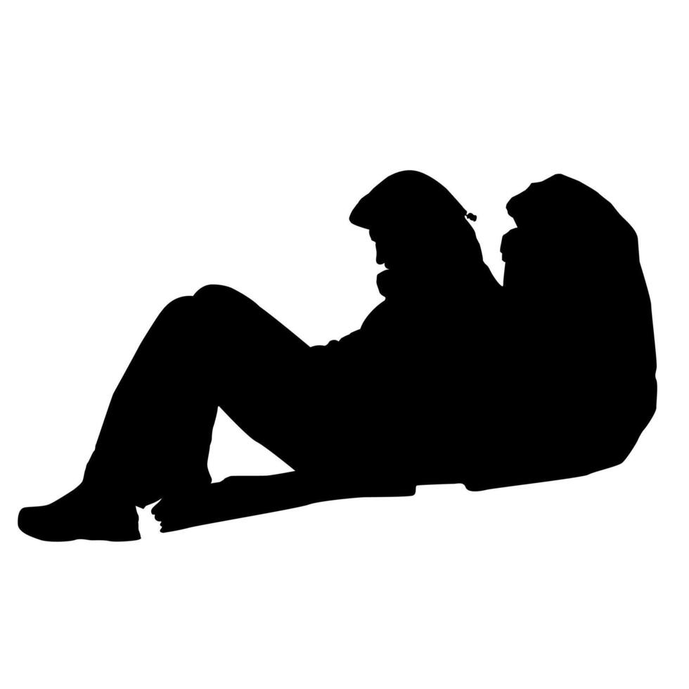 Silhouette of a man sitting on the ground with a backpack. vector