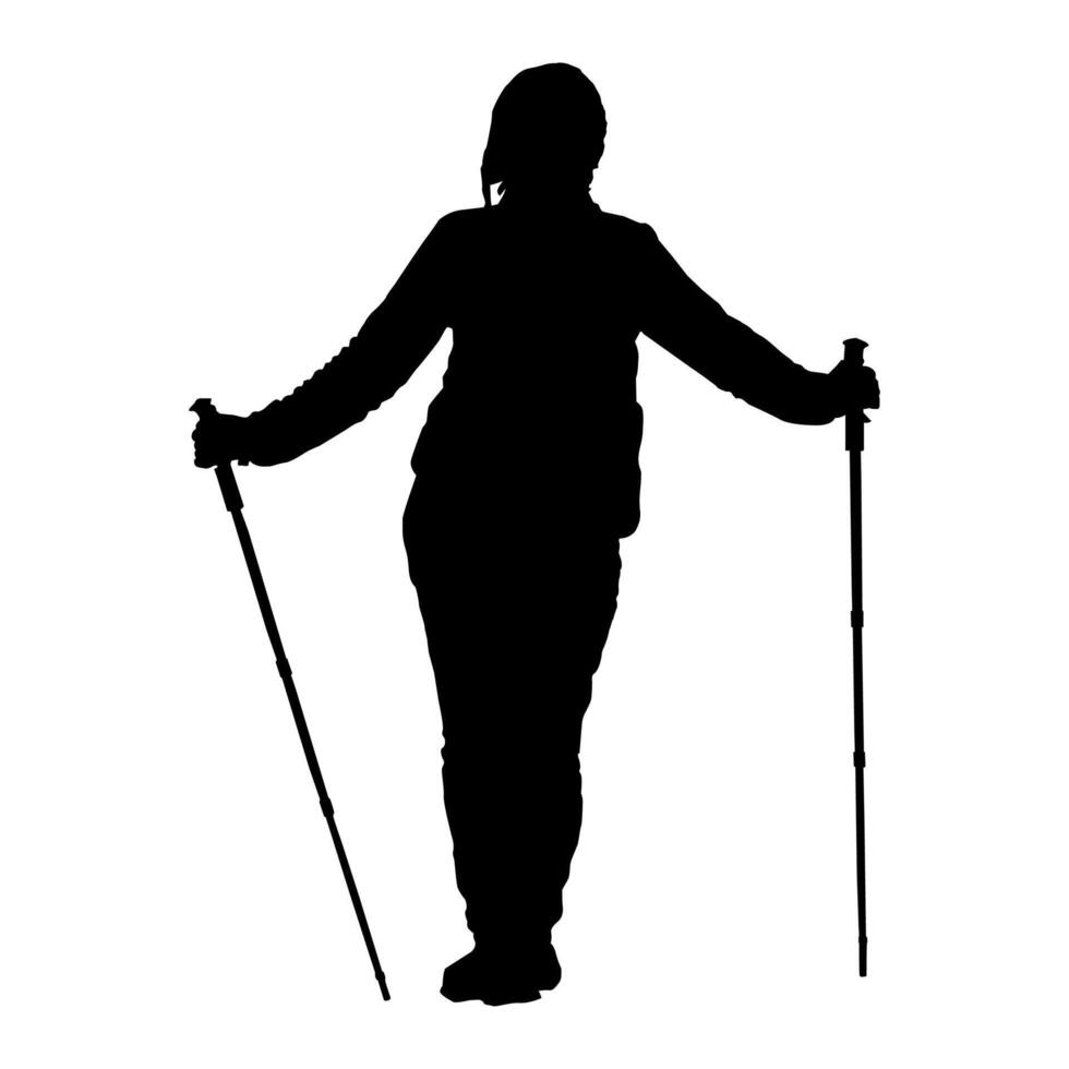 Nordic walking woman silhouette illustration isolated on white background. Hands outstretched to the side. vector