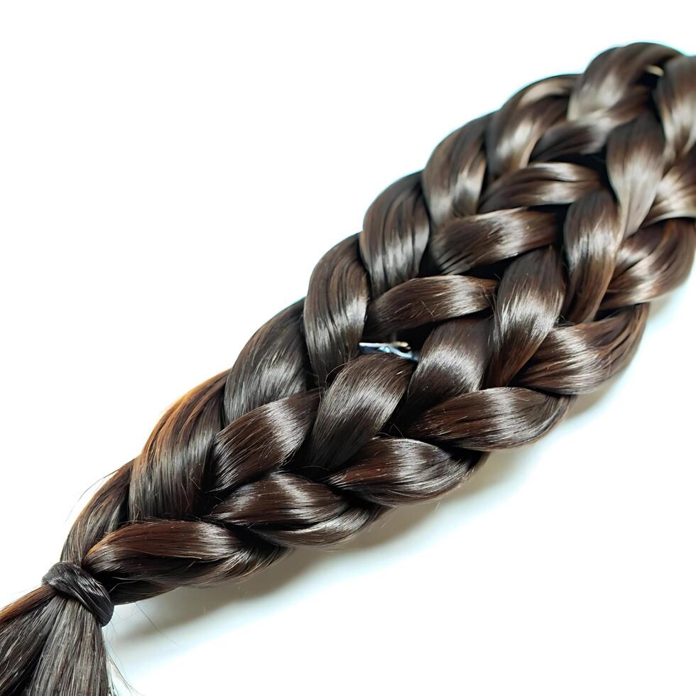 Long Brown Braided Hair Extension on White Background Shiny and Smooth Texture photo