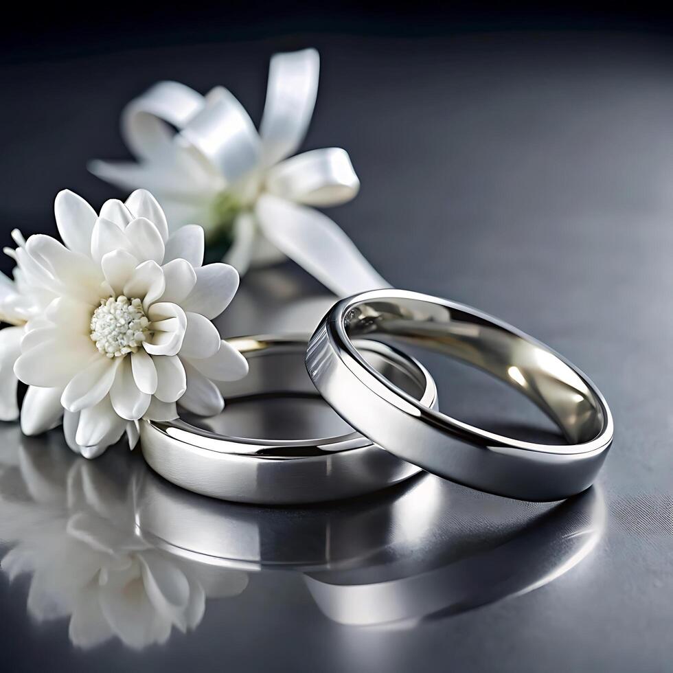 Two Elegant Wedding Rings Resting on a Dark Reflective Surface Near a Delicate White Flower photo